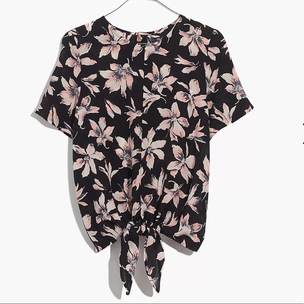 Madewell 100% Silk Button Back Tie Waist Tropical Floral Print Blouse Size Small